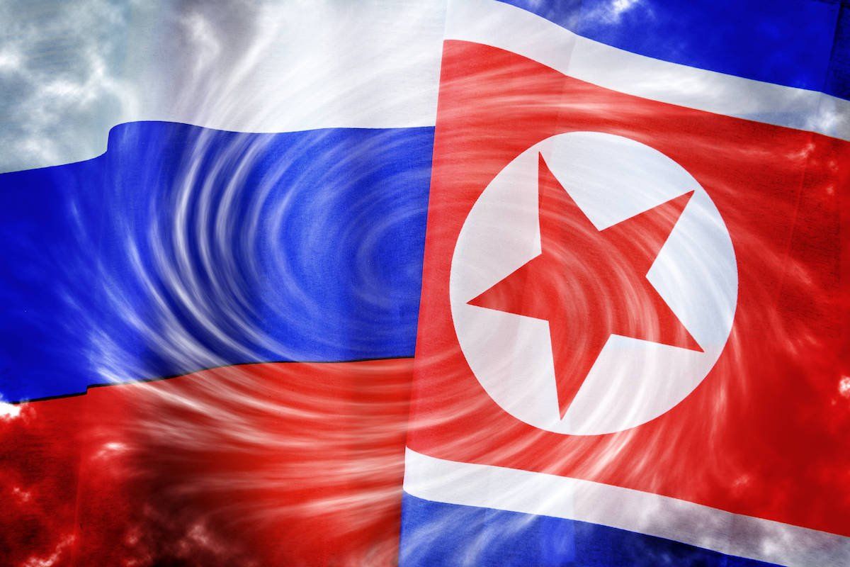 The flags of Russia and North Korea.