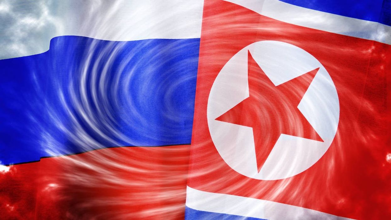 The flags of Russia and North Korea.