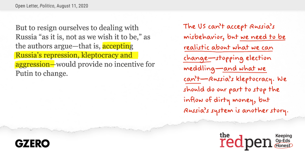 the highlighted (in yellow) part of quote on the graphic says: accepting Russia's repression, kleptocracy and agreesion.