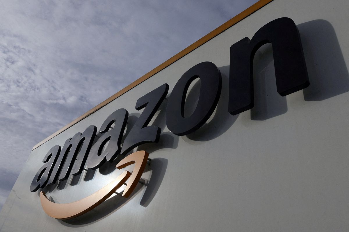 The logo of Amazon is seen at the company logistics center in Lauwin-Planque, northern France, November 15, 2022.
