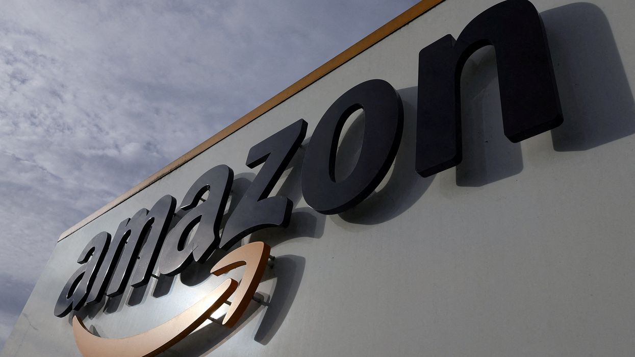 The logo of Amazon is seen at the company logistics center in Lauwin-Planque, northern France, November 15, 2022.