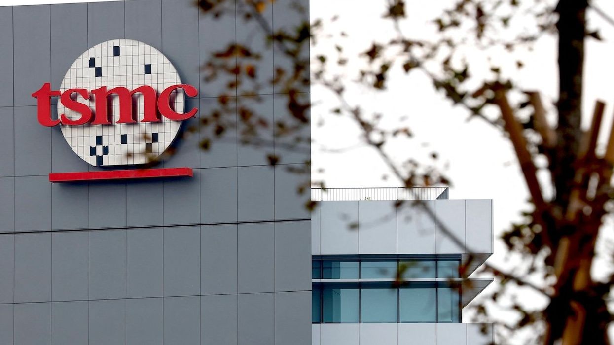The logo of Taiwanese chip giant TSMC is seen at southern Taiwan science park in Tainan, Taiwan.