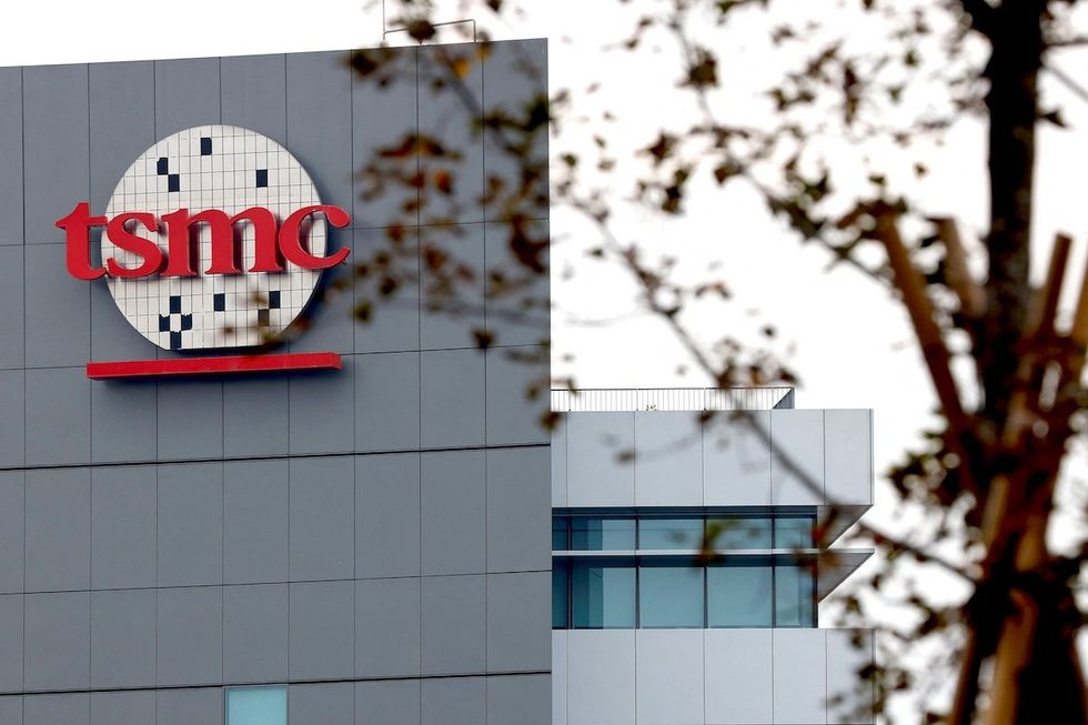 ​The logo of Taiwanese chip giant TSMC is seen at southern Taiwan science park in Tainan, Taiwan. 
