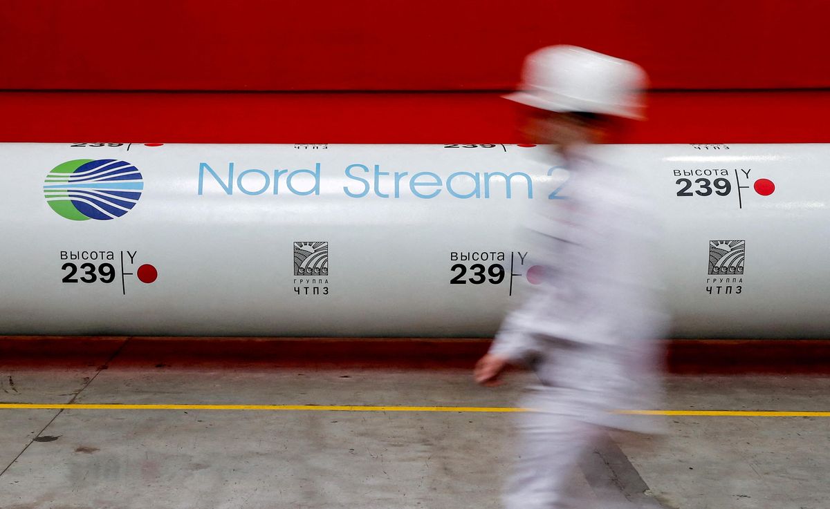 The logo of the Nord Stream 2 natural gas pipeline project is seen at a rolling plant in Chelyabinsk, Russia.