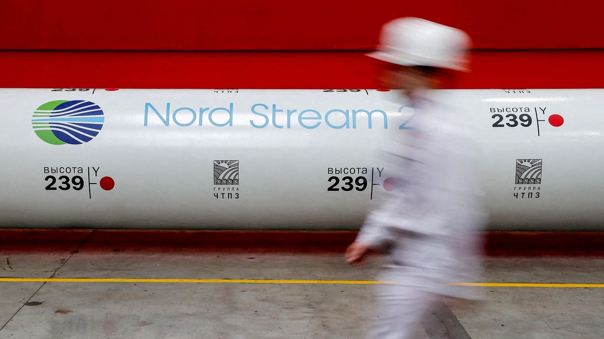 The logo of the Nord Stream 2 natural gas pipeline project is seen at a rolling plant in Chelyabinsk, Russia.