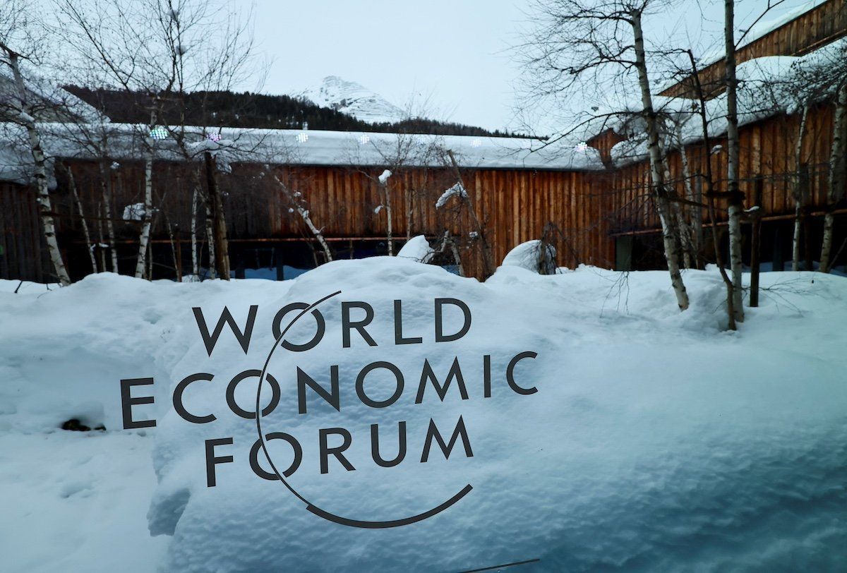 The logo of the World Economic Forum (WEF) is displayed on a window, during the 54th annual meeting of the WEF, in Davos, Switzerland, January 18, 2024.