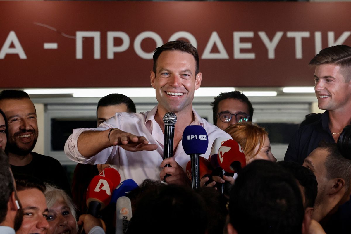 The newly elected leader of Syriza leftist party, Stefanos Kasselakis, delivers a statement to the members of the press outside the party's headquarters in Athens, Greece, September 25, 2023.