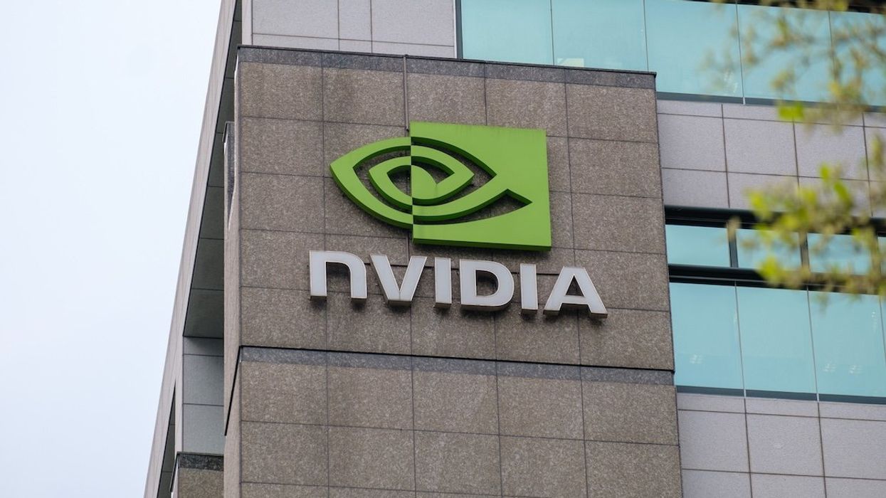 The NVIDIA logo seen at the American GPU manufacturer NVIDIA Taipei office.