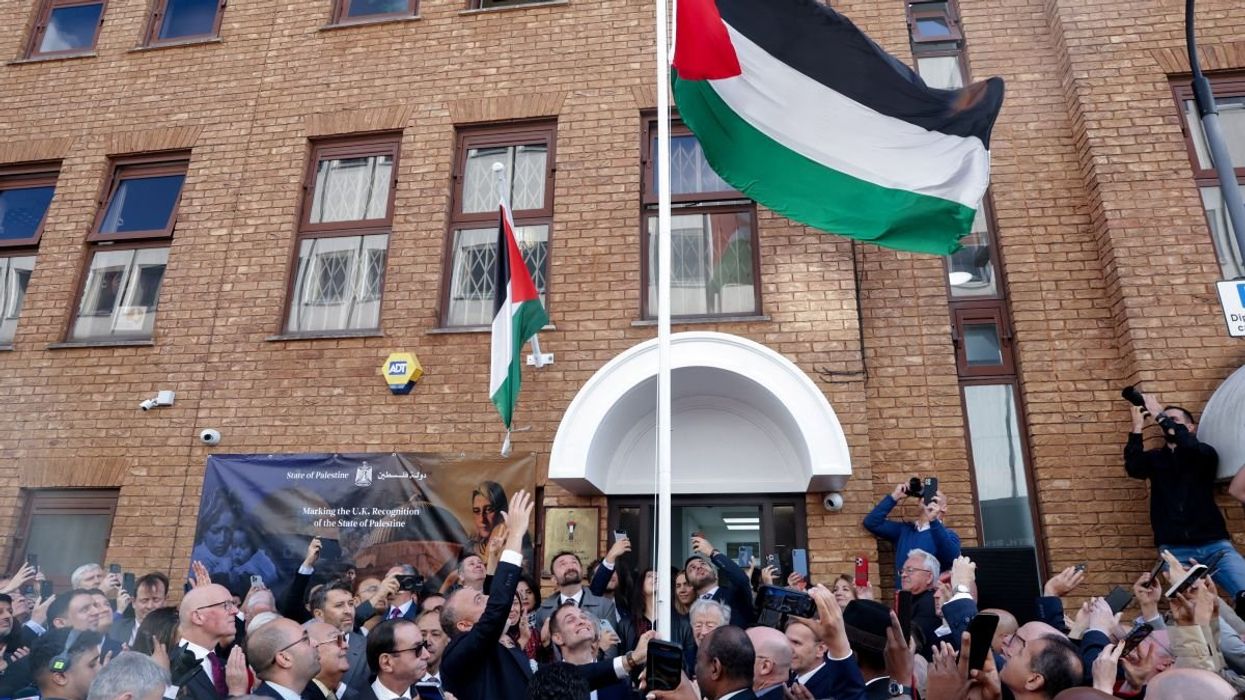 The Palestinian flag is raised at the Palestinian mission's headquarters in London, United Kingdom, on September 22, 2025.