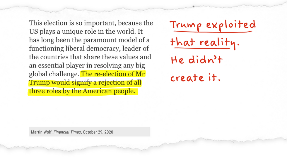 "The re-election of Mr. Trump would signify a rejection of all three roles by the American people:" Trump exploited that reality. He didn't create it.
