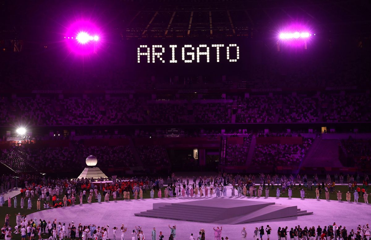 : The scoreboard shows "ARIGATO" (the Japanese for 'thank you') during the closing ceremony of the 2020 Summer Olympic Games at the Japan National Stadium (a.k.a the Olympic Stadium). The Olympic Games were held amid the COVID-19 pandemic. The closing ceremony features live and pre-recorded elements. Stanislav Krasilnikov/TASS.No use Russia.
