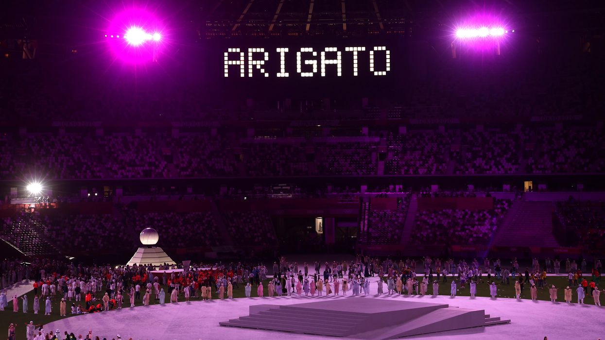 : The scoreboard shows "ARIGATO" (the Japanese for 'thank you') during the closing ceremony of the 2020 Summer Olympic Games at the Japan National Stadium (a.k.a the Olympic Stadium). The Olympic Games were held amid the COVID-19 pandemic. The closing ceremony features live and pre-recorded elements. Stanislav Krasilnikov/TASS.No use Russia.