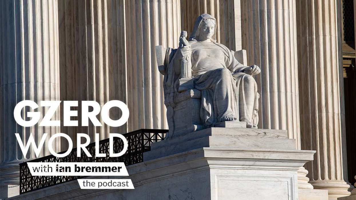 The Supreme Court statue with the logo of GZERO World with Ian Bremmer the podcast