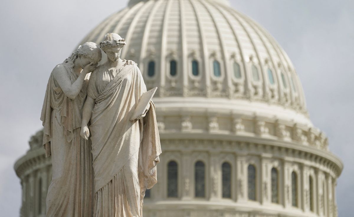 The U.S. Capitol's Peace Monument features the sculptures of Grief and History, while inside the building, House Republicans search for a new Speaker of the House following the ouster of Kevin McCarthy, in Washington, U.S., October 5, 2023.