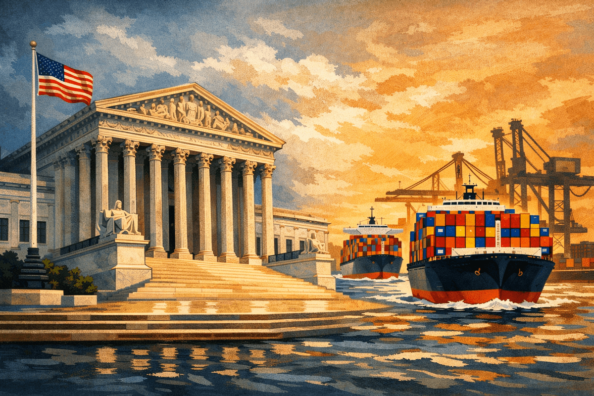 ​The US supreme court building and container ships filled with cargo.