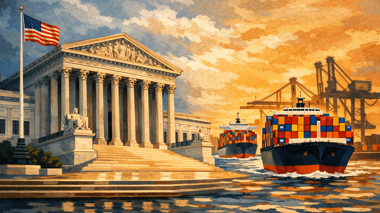 The US supreme court building and container ships filled with cargo.