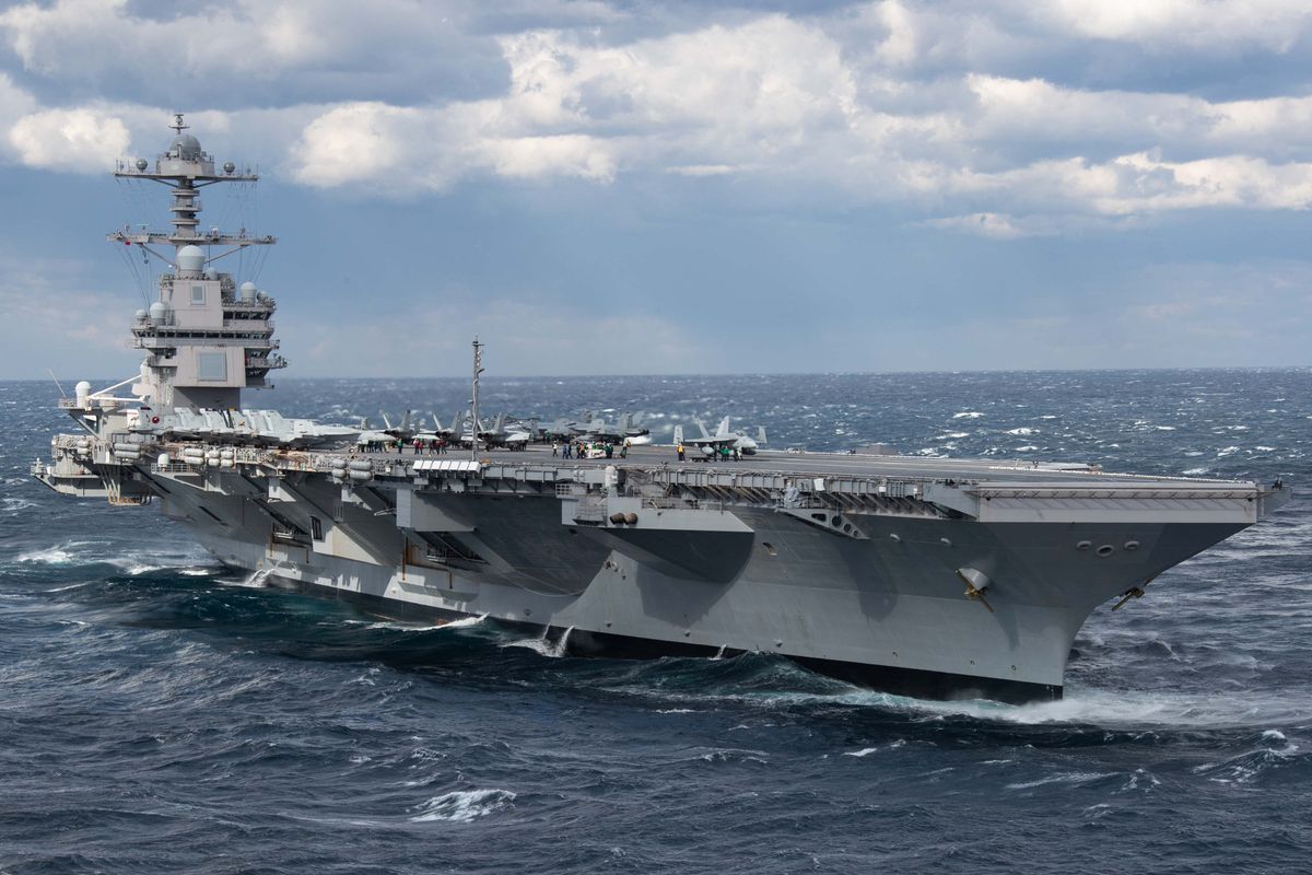 The USS Gerald R. Ford transits the Atlantic Ocean.