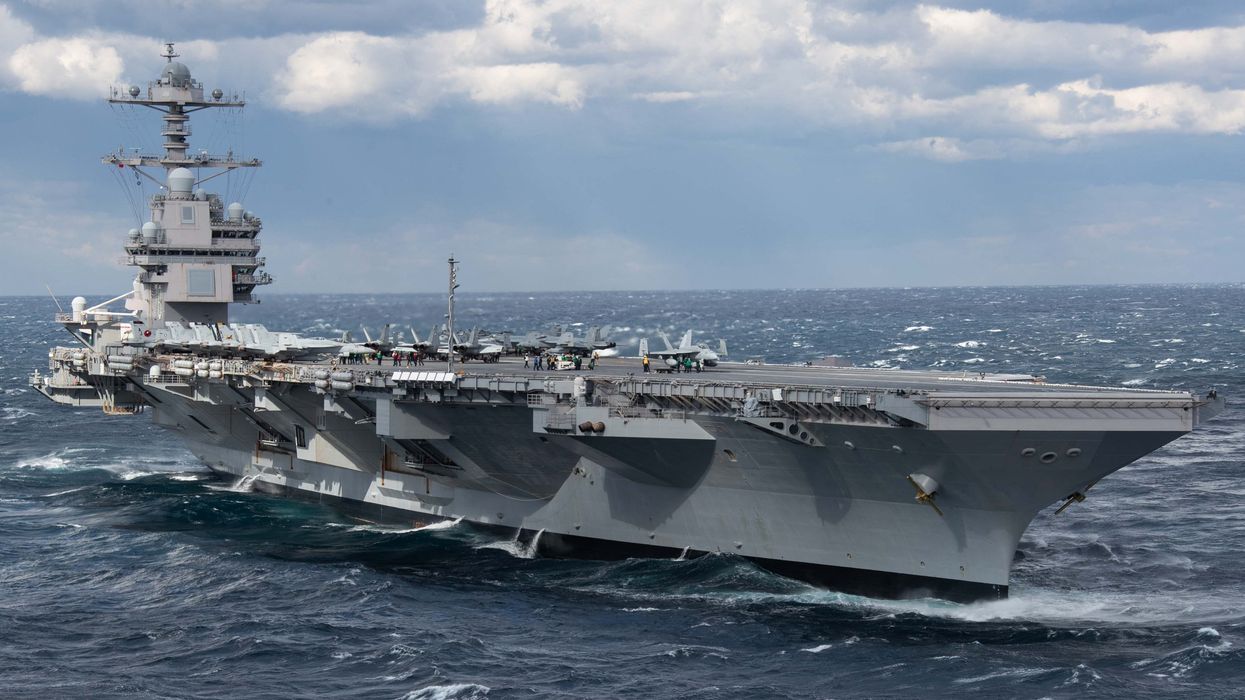 The USS Gerald R. Ford transits the Atlantic Ocean.