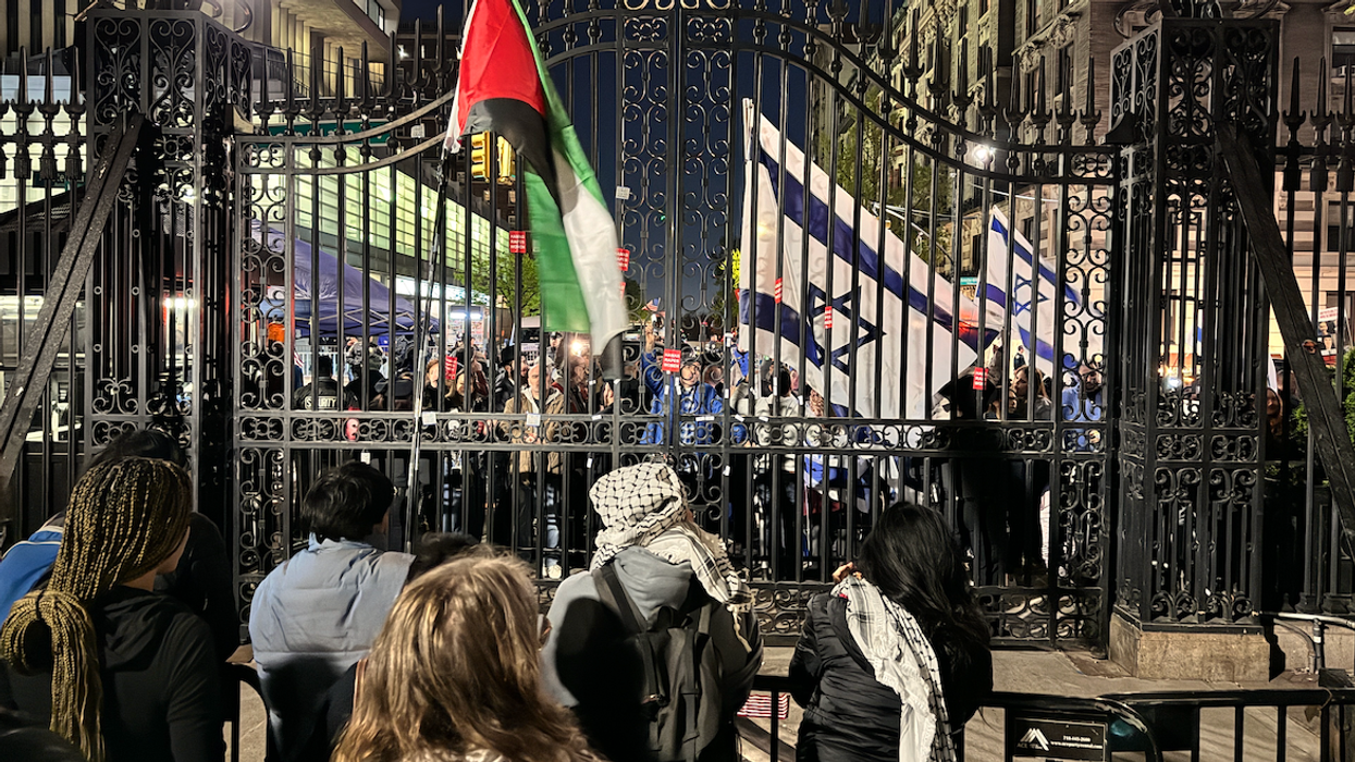 The view Thursday night from inside the Columbia University campus gate at 116th Street and Amsterdam in New York City.