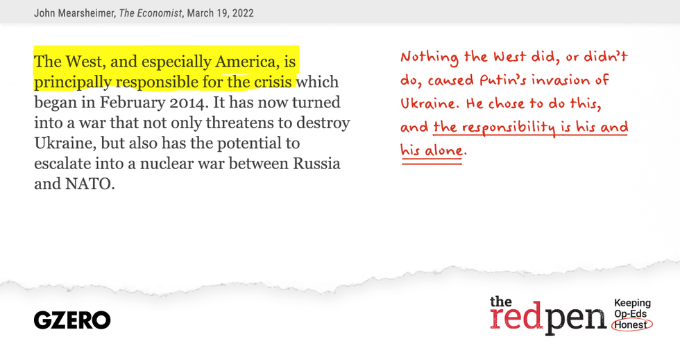 "The West, and especially America, is principally responsible for the crisis..." Noithing the West did, or didn't do, caused Putin's invasion of Ukraine. He chose to do this, and the responsibility is his and his alone.