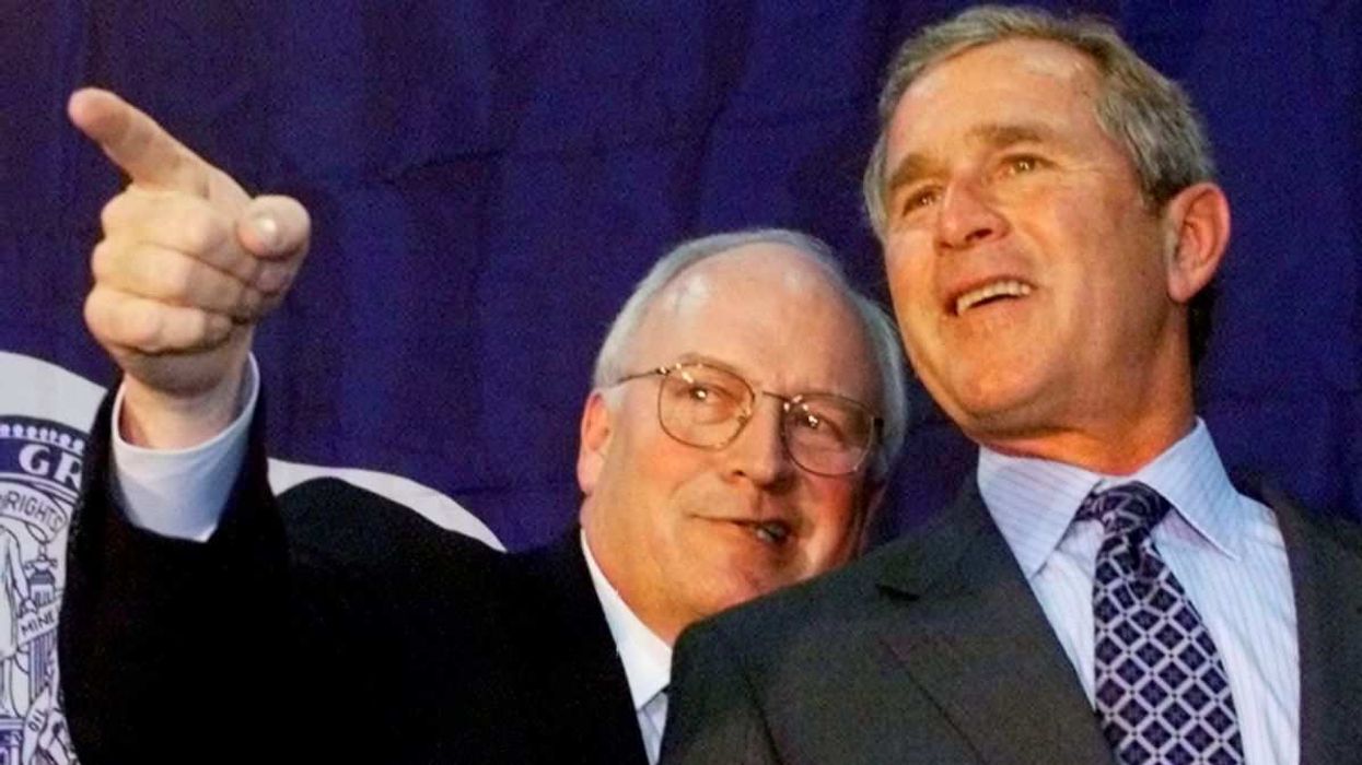 Then-Republican vice presidential candidate Dick Cheney and then-Republican presidential candidate George W. Bush in Casper, Wyoming, on July 26, 2000.