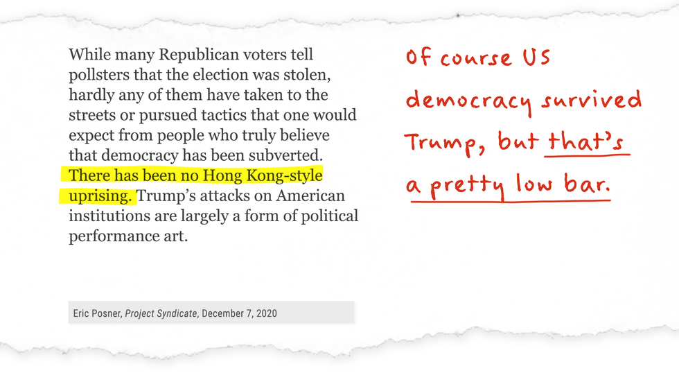 "There has been no Hong Kong-style uprising." Of course US democracy survived Trump, but that's a pretty low bar.