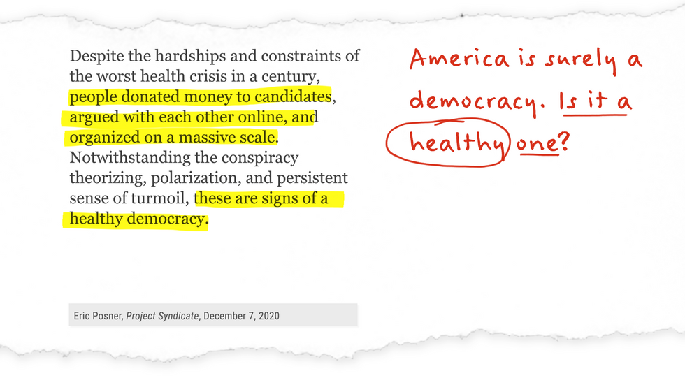 "...these are signs of a healthy democracy." America is surely a democracy,. Is it a healthy one?