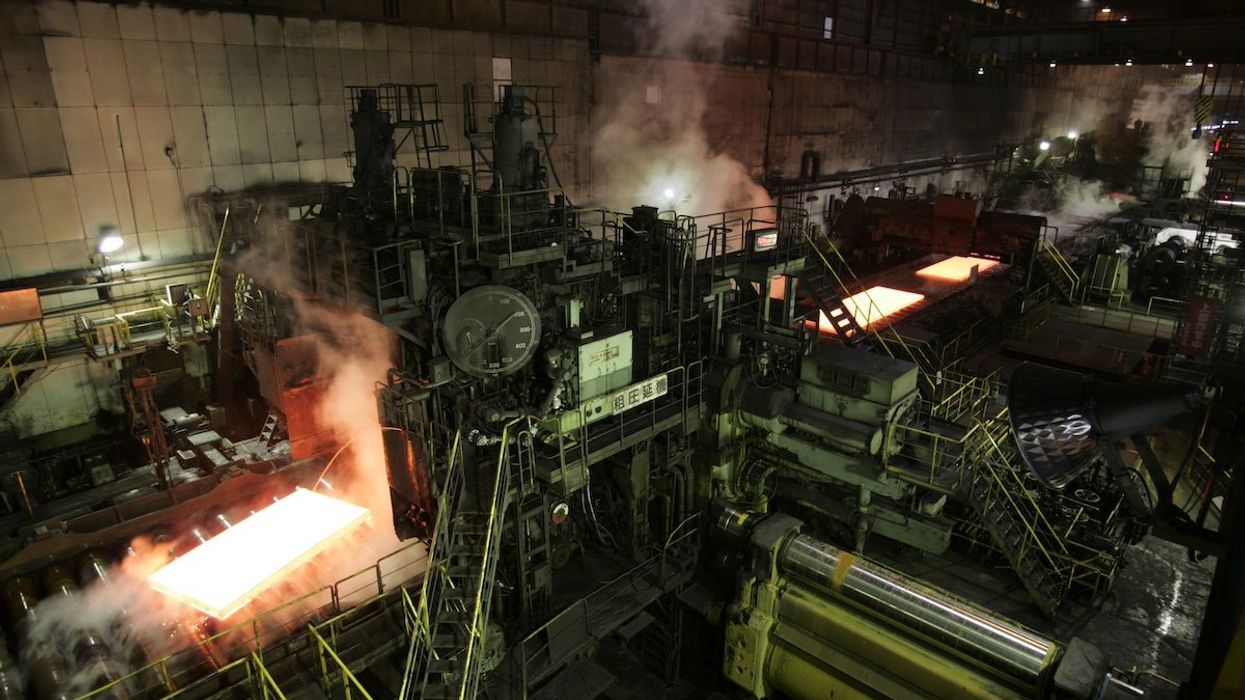 Thick plates of steel for use in construction and ship building are hot-rolled by machinery at the Nippon Steel Corp. Kimitsu steel mill in Kimitsu, Japan near Tokyo February 6, 2008.