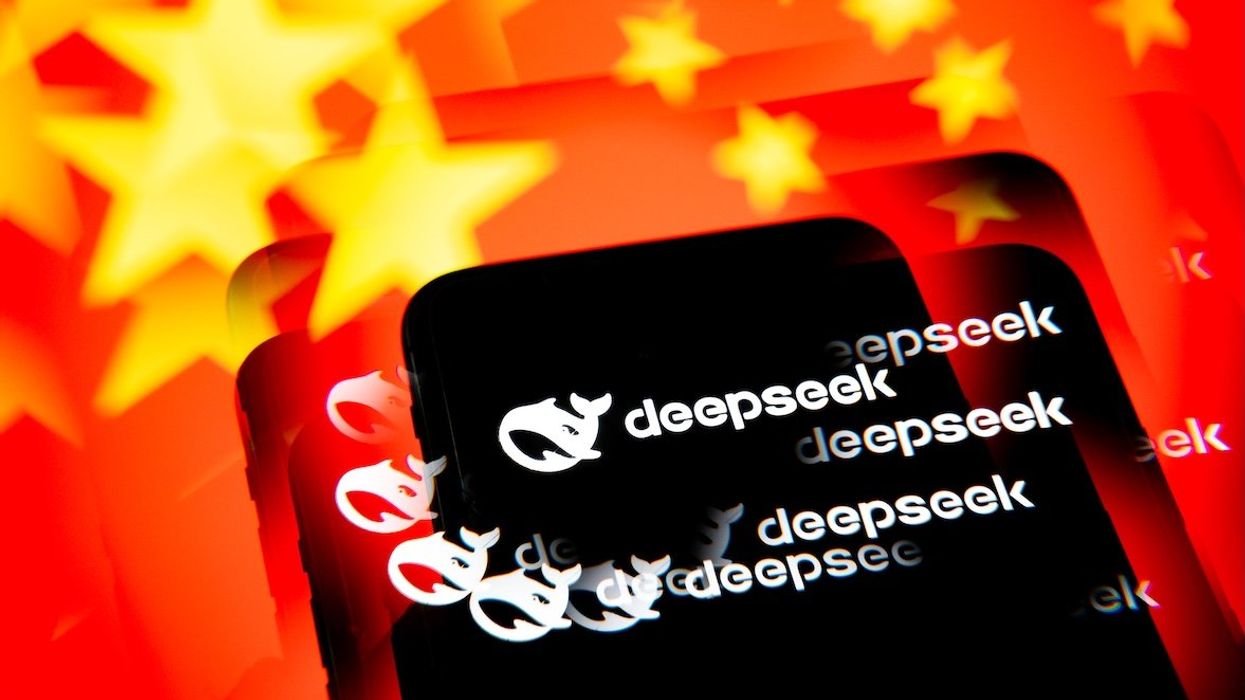 This illustration photo shows the DeepSeek AI application logo on a black background displayed on a cell phone with a kaleidoscope-effect China flag in the background.