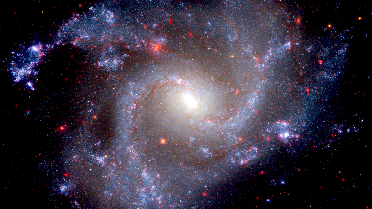 This image of NGC 5468, a galaxy located about 130 million light-years from Earth, combines data from the Hubble and James Webb space telescopes.