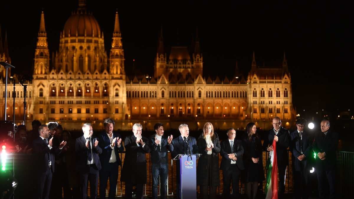 Tisza leader ​Peter Magyar delivers a speech in Budapest, Hungary, on April 12, 2026, after Hungarians vote in a general election.