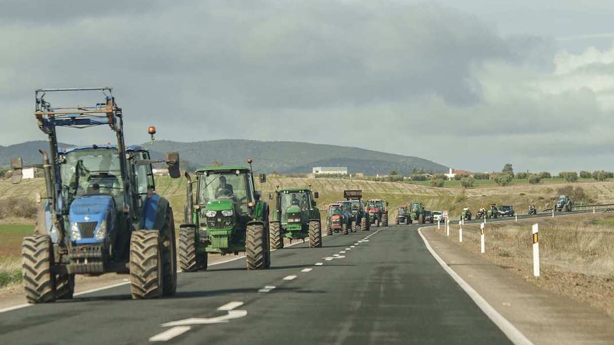 Tractors drive on the N-403 towards Zafra during a rally on 16 January 2026 in Badajoz, Extremadura (Spain).