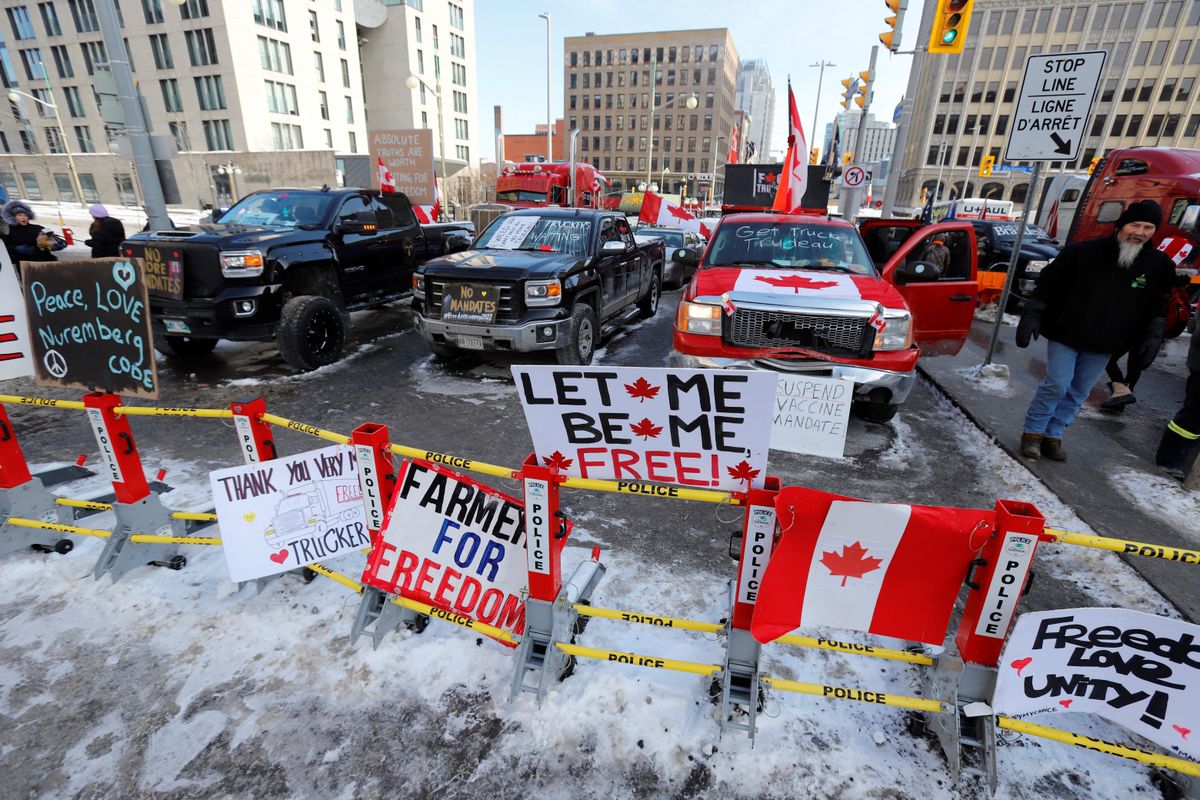 Truckers and their supporters protest coronavirus disease vaccine mandates, in Ottawa, Ontario, Canada