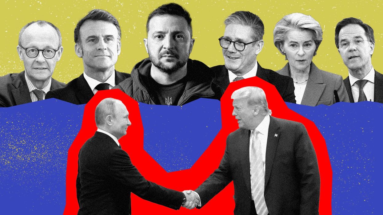 Trump and Putin shaking hands in front of European leaders.
