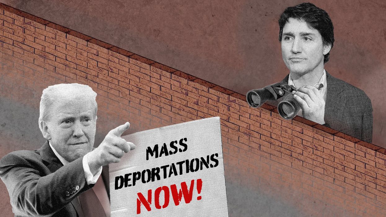 Trump and Trudeau on opposite sides of a border wall.