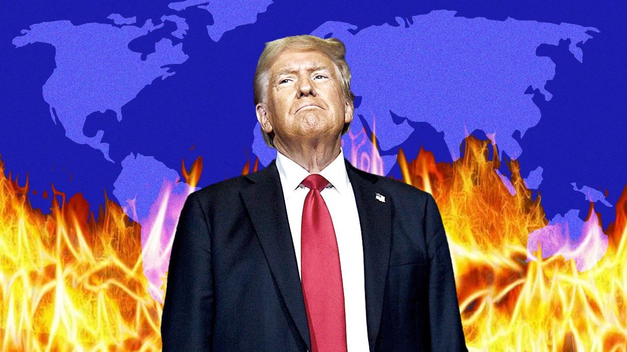 Trump in front of a map on fire.