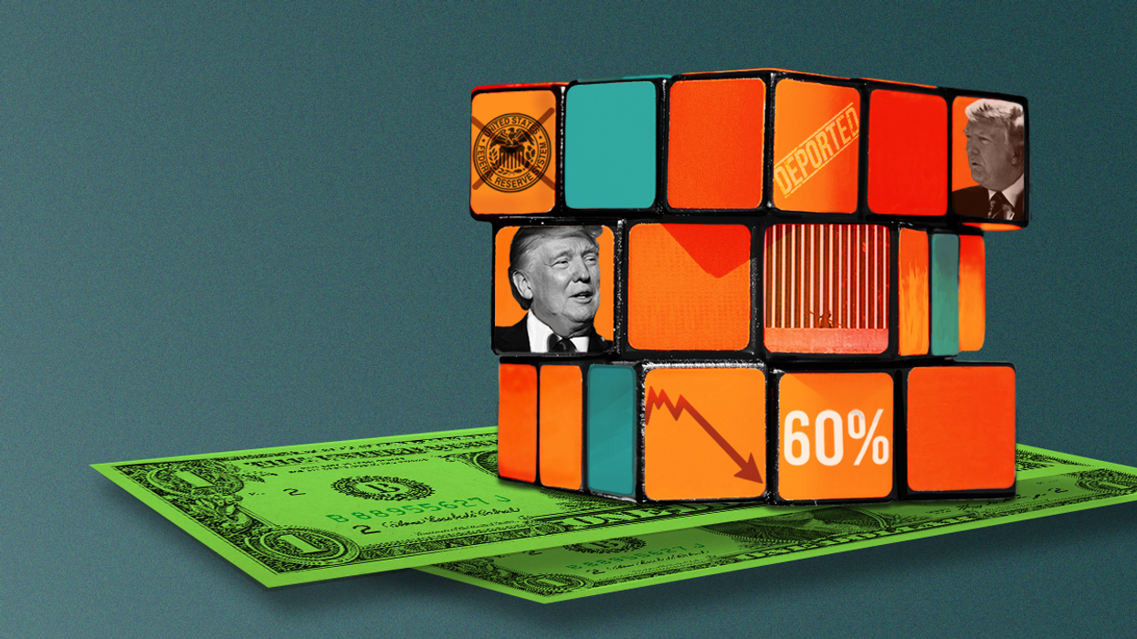 Trump on a rubix cube on top of a dollar.