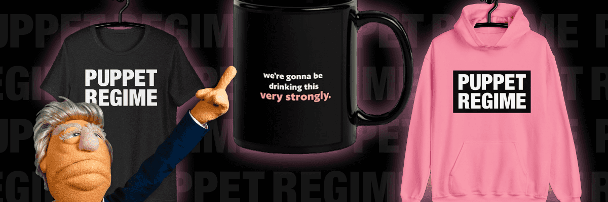 Trump puppet pointing at a tshirt, a mug, and a pink hoodie