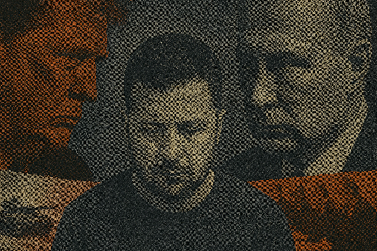 Trump, Putin, and Zelensky surrounded by tanks and negotiators. 