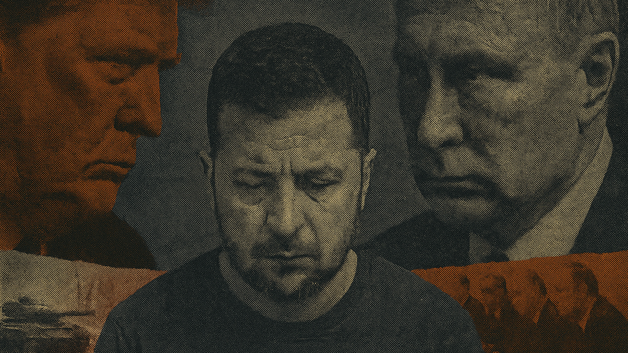 Trump, Putin, and Zelensky surrounded by tanks and negotiators.