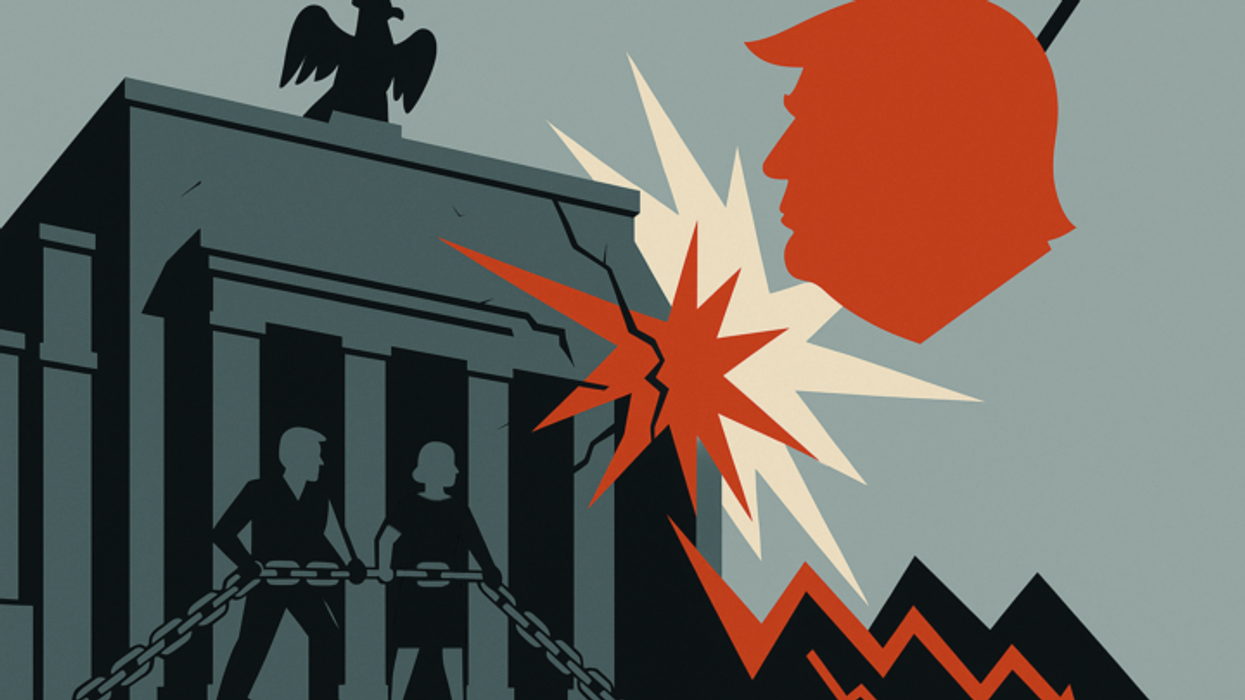 Trump's silhouette as a wrecking ball banging into the Federal Reserve.