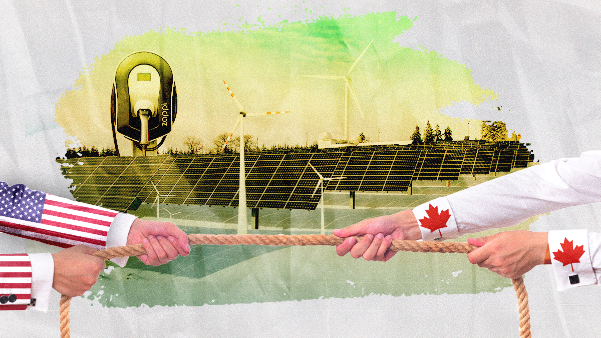 Tug of war rope between US & Canada arms on a backdrop of solar panels and an EV charging station