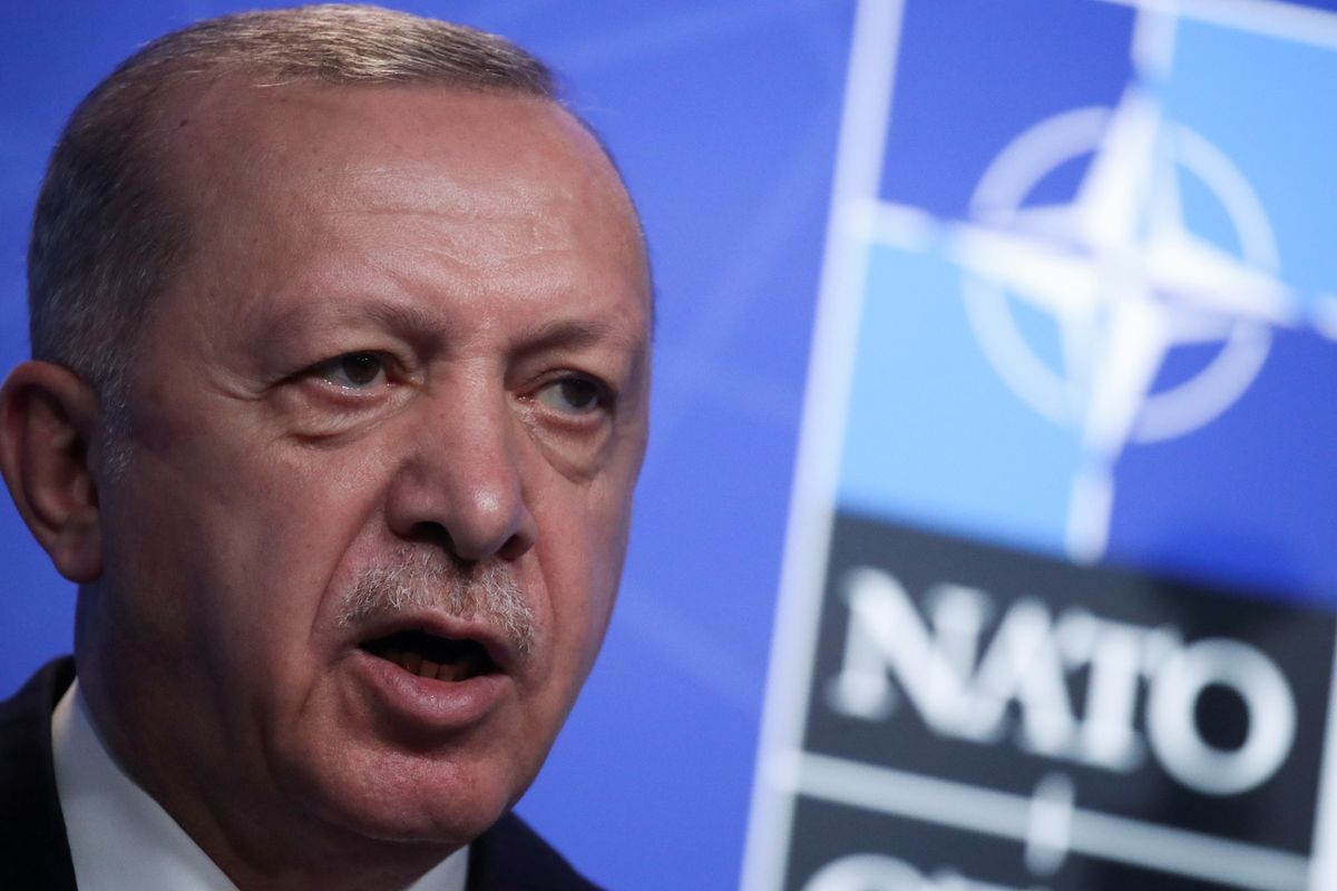 Turkey's President Tayyip Erdogan holds a news conference during the NATO summit at the Alliance's headquarters in Brussels, Belgium June 14, 2021