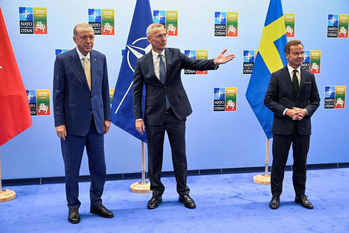 ​Turkish President Tayyip Erdogan, Swedish Prime Minister Ulf Kristersson and NATO Secretary-General Jens Stoltenberg gather prior to their meeting, on the eve of a NATO summit, in Vilnius, Lithuania July 10, 2023. 