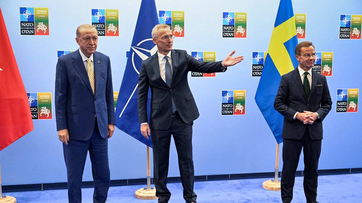 Turkish President Tayyip Erdogan, Swedish Prime Minister Ulf Kristersson and NATO Secretary-General Jens Stoltenberg gather prior to their meeting, on the eve of a NATO summit, in Vilnius, Lithuania July 10, 2023.