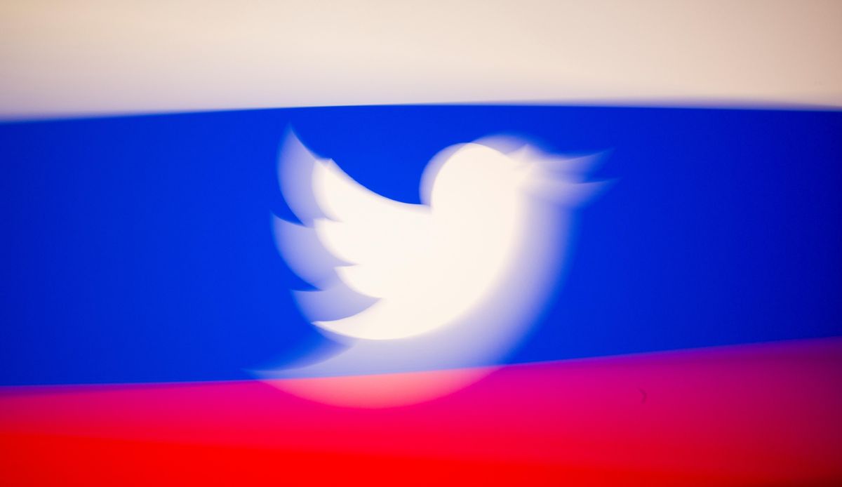 Twitter logo and a Russian flag.