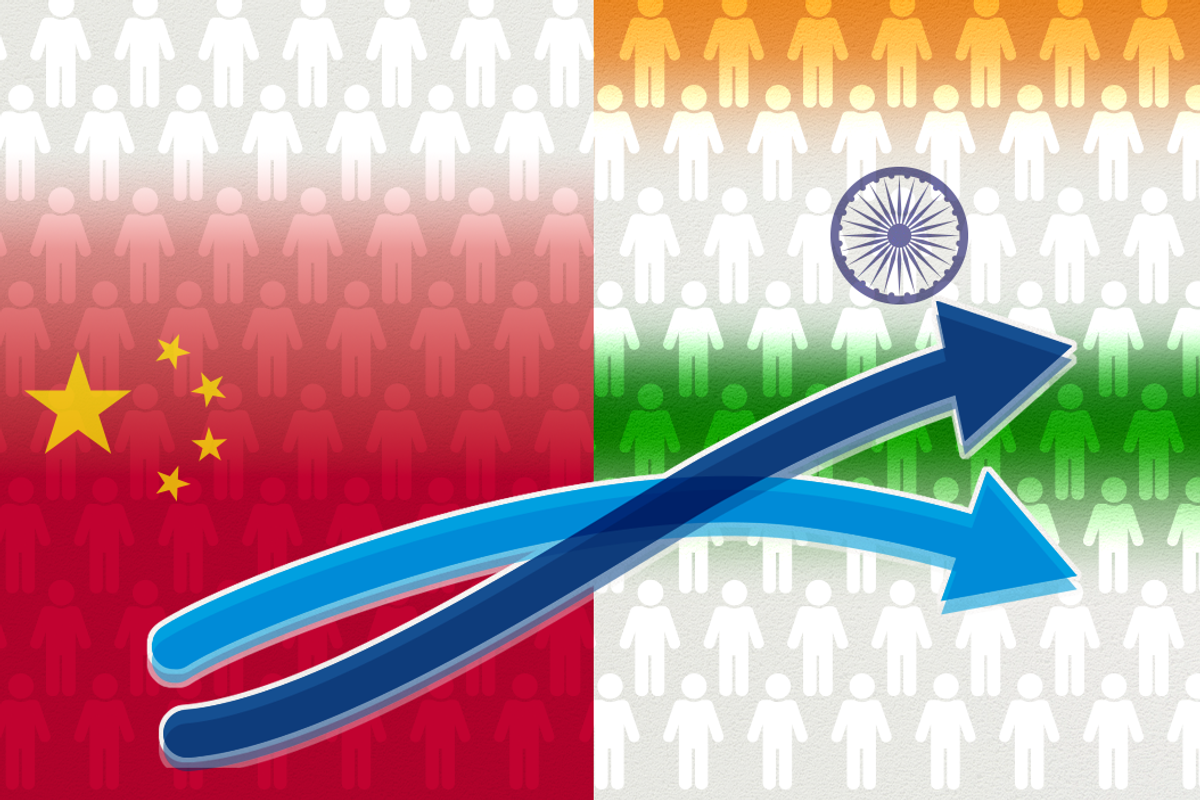 Two intertwining arrows between China and India's Flags 