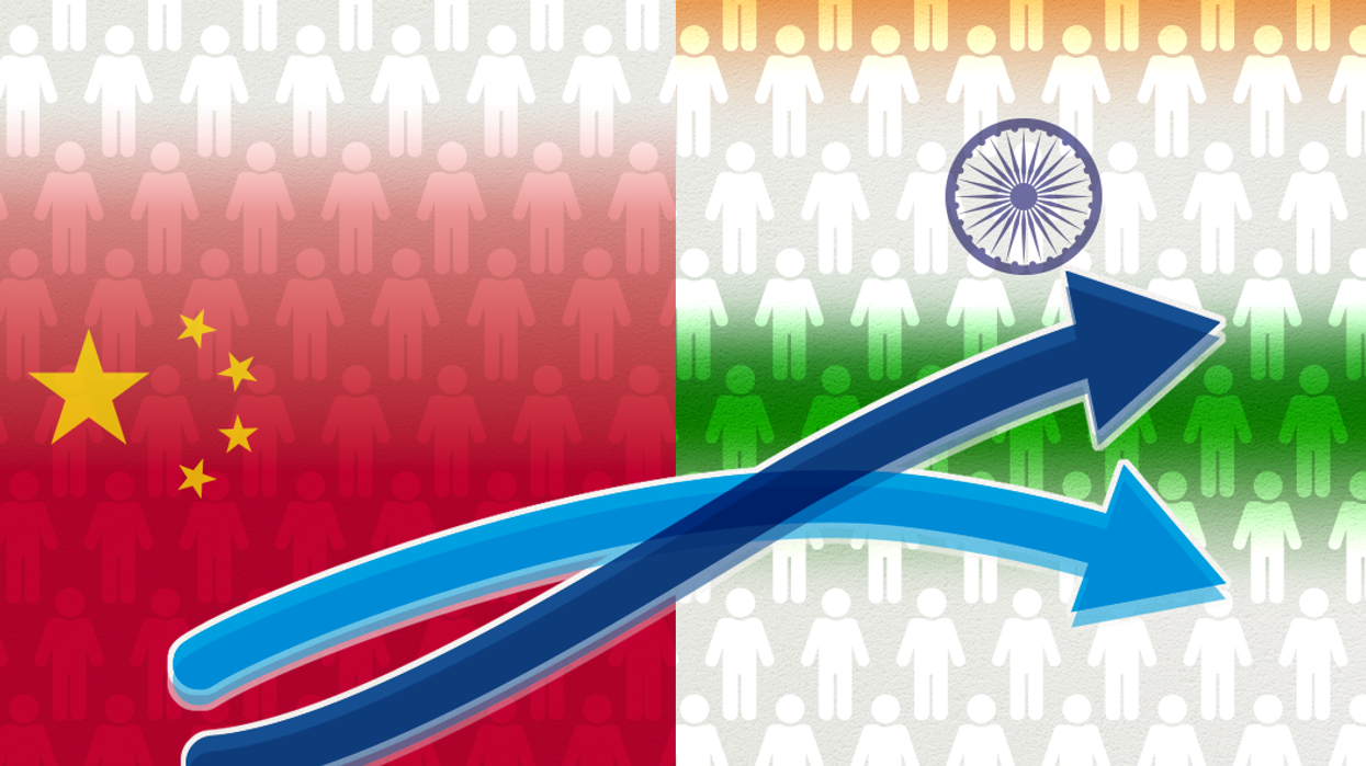 Two intertwining arrows between China and India's Flags