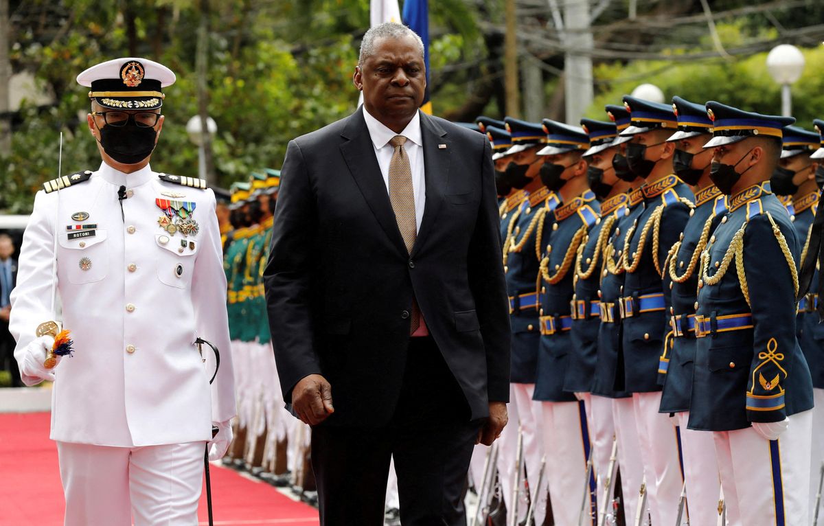 U.S. Defense Secretary Lloyd Austin III at the military camp in Quezon City, Metro Manila, Philippines.