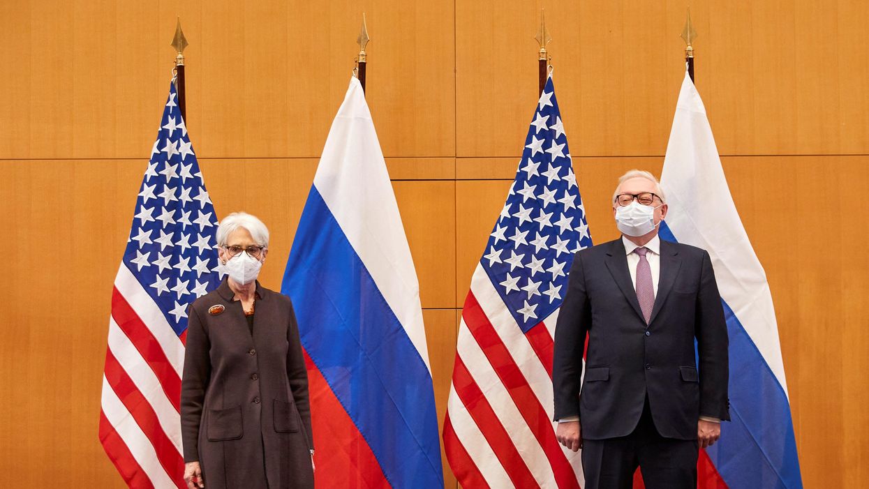 U.S. Deputy Secretary of State Wendy Sherman and Russian Deputy Foreign Minister Sergei Ryabkov attend security talks at the United States Mission in Geneva, Switzerland January 10, 2022.